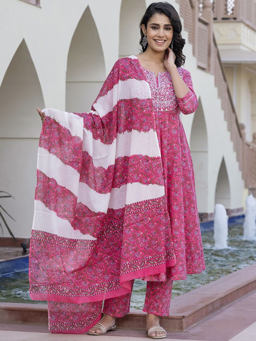 Dhiyona KL Floral Printed Chikankari Pure Cotton Anarkali Kurta With Trouser & Dupatta