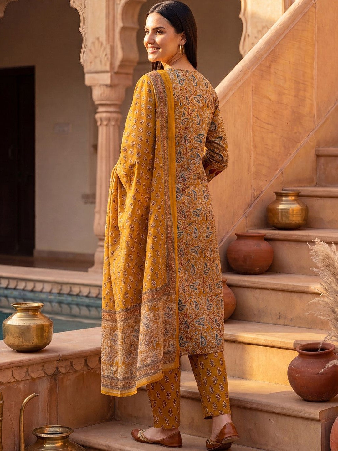 Women Ethnic Motifs Printed Regular Pure Cotton Kurta with Trousers & With Dupatta