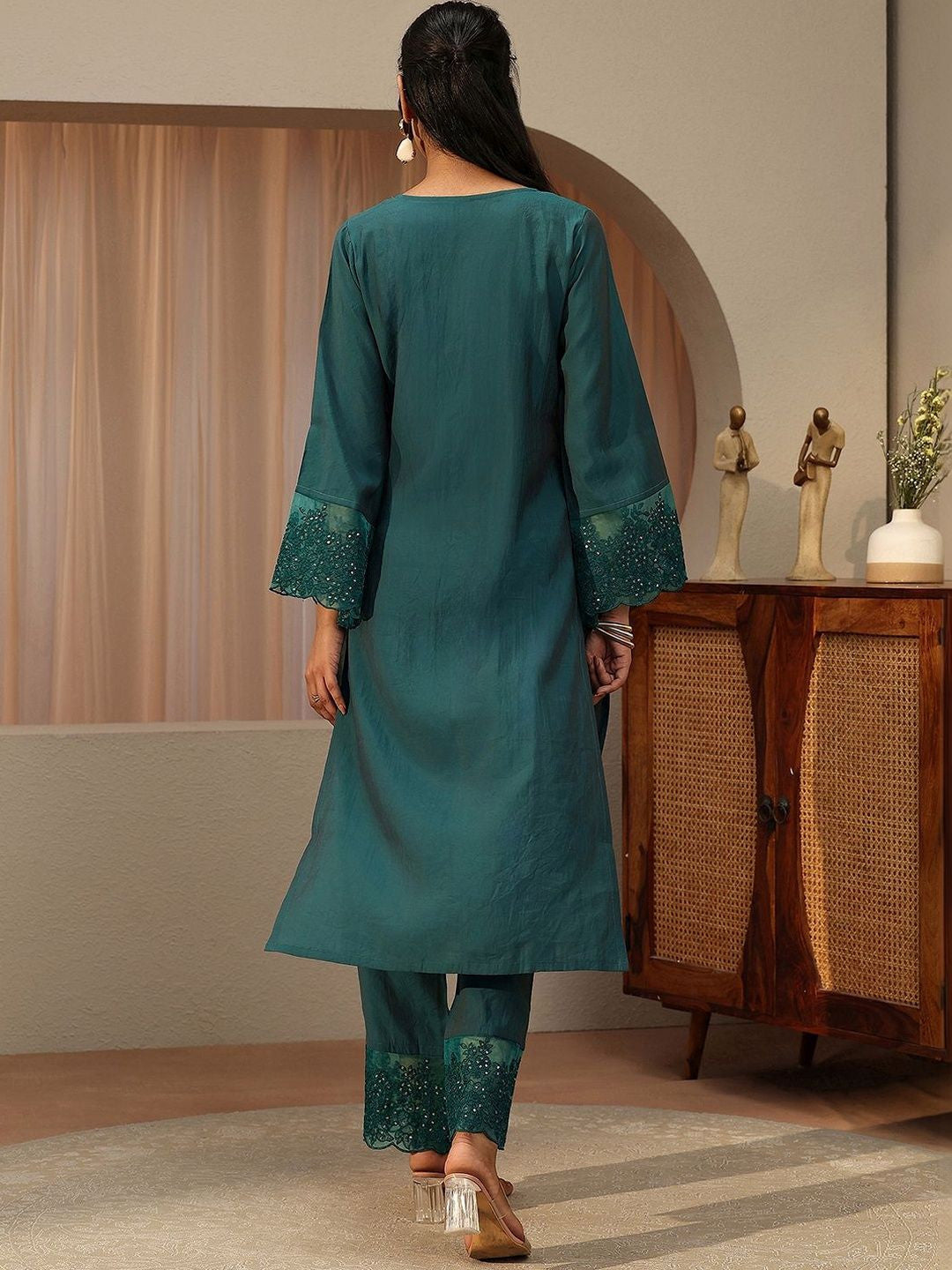 Teal Blue Silk Blend Straight Kurta Set