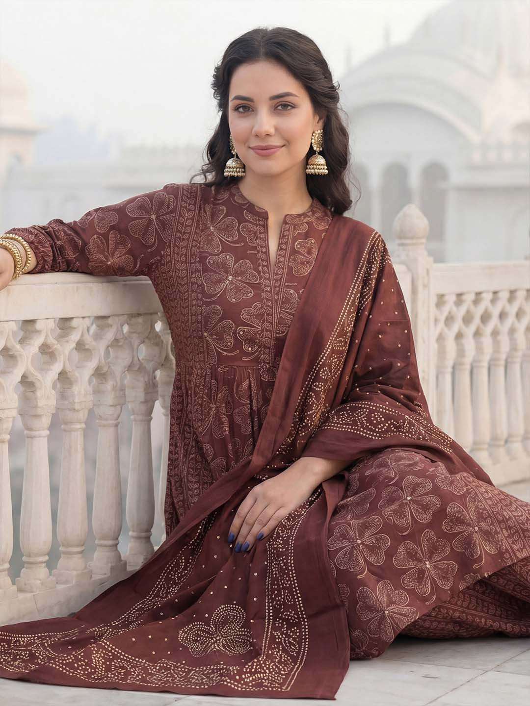 Women Floral Printed Panelled Beads and Stones Pure Cotton Kurta with Trousers & With Dupatta