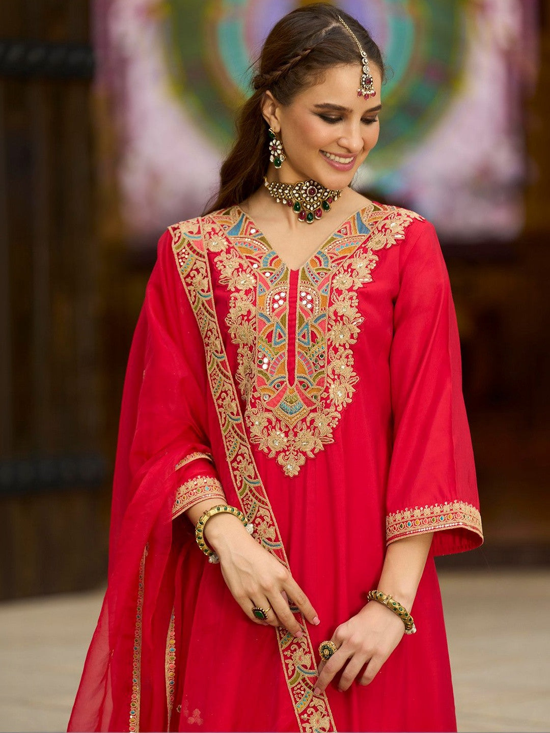 Women Ethnic Motifs Embroidered Regular Thread Work Kurta with Trousers & With Dupatta