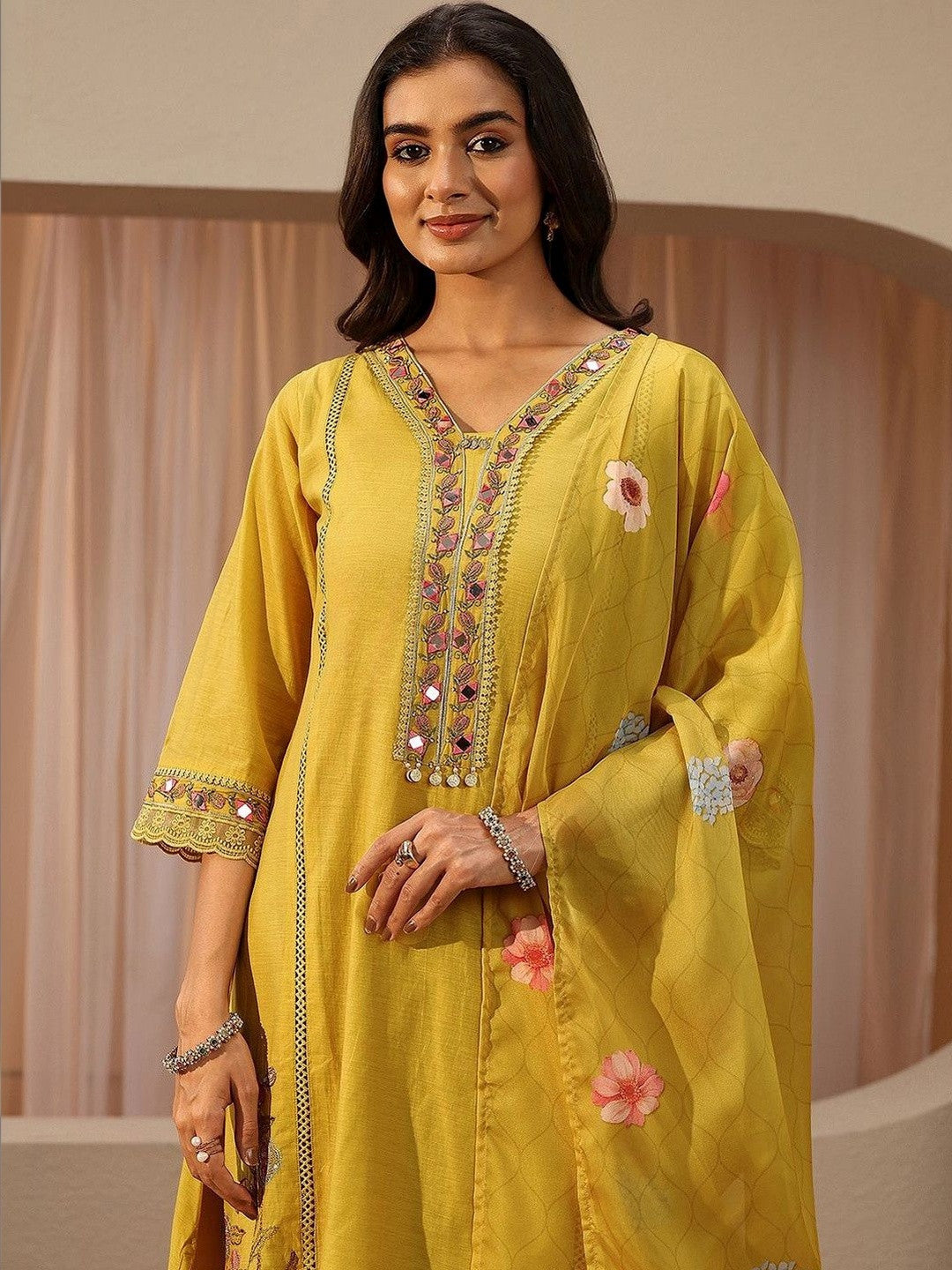 Mustard Floral Embroidered Silk Blend A-line Suit Set