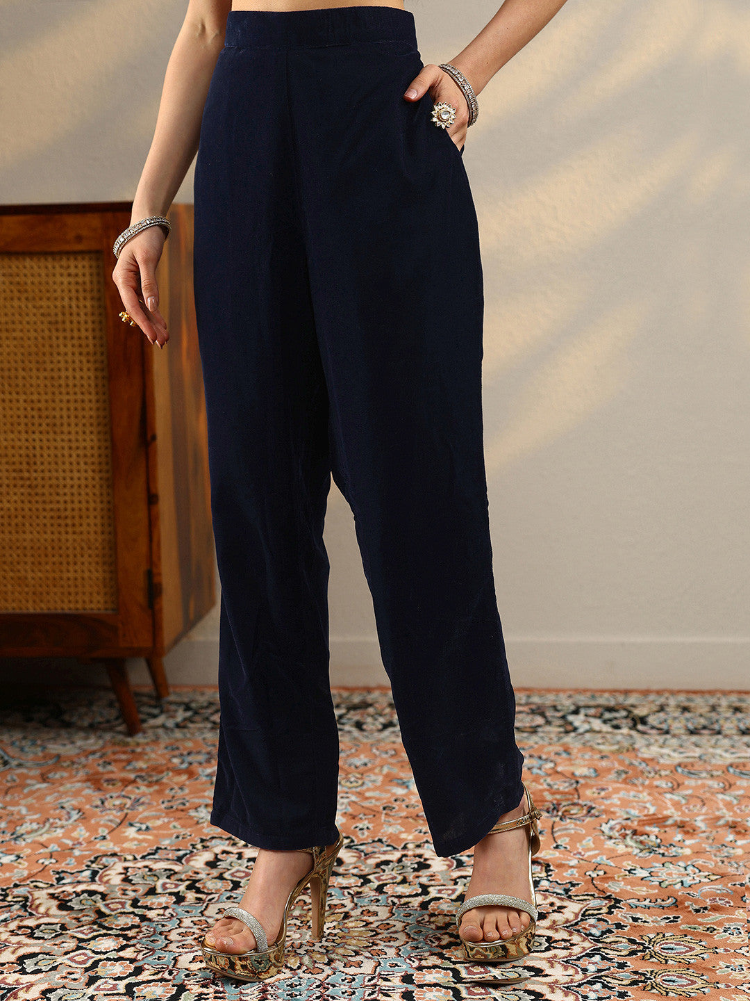 Floral Yoke Design Sequinned Velvet Straight Kurta With Trousers & Dupatta