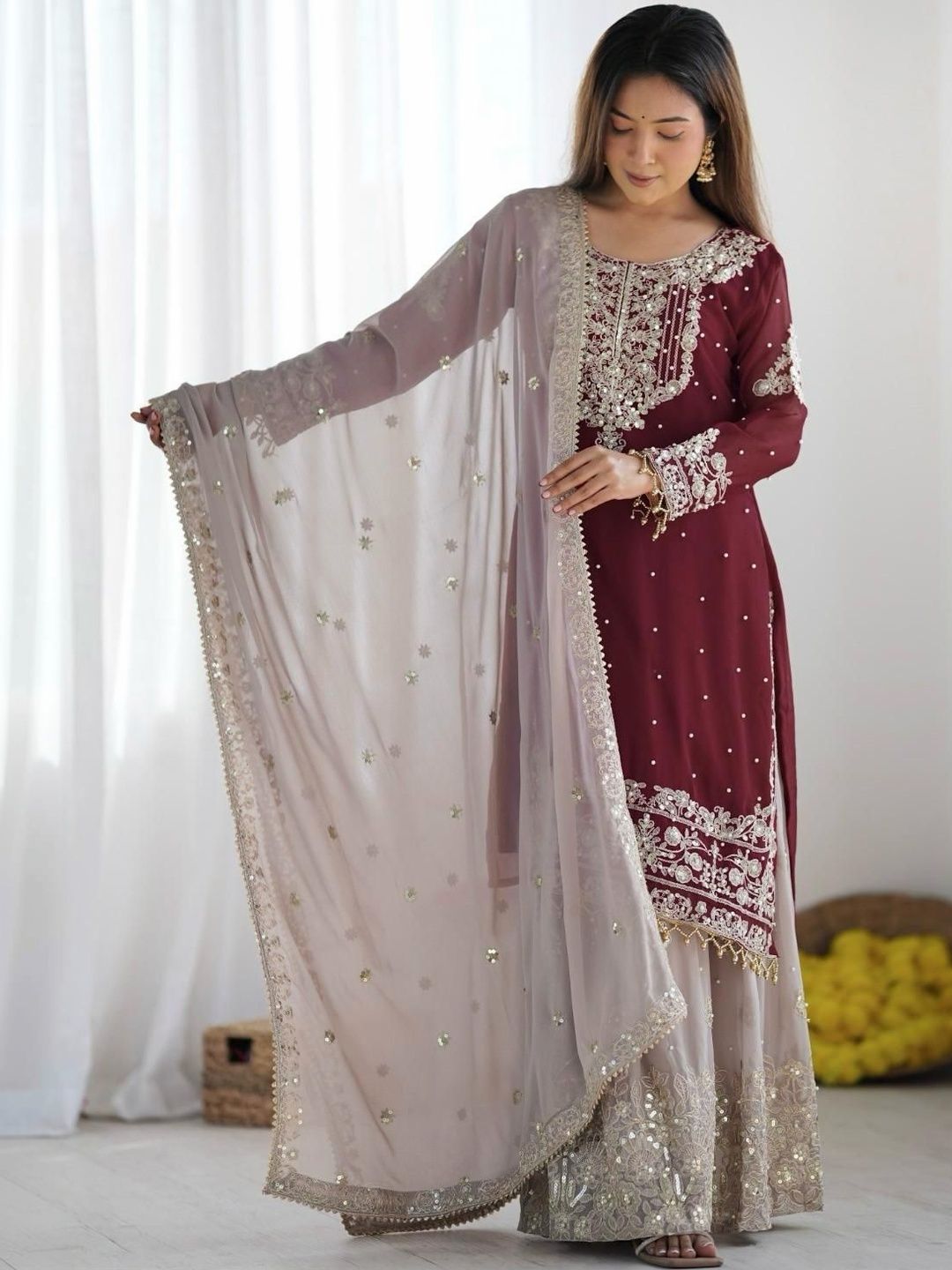 Dhiyona KL Women Ethnic Motifs Embroidered Regular Sequinned Kurta with Sharara & With Dupatta