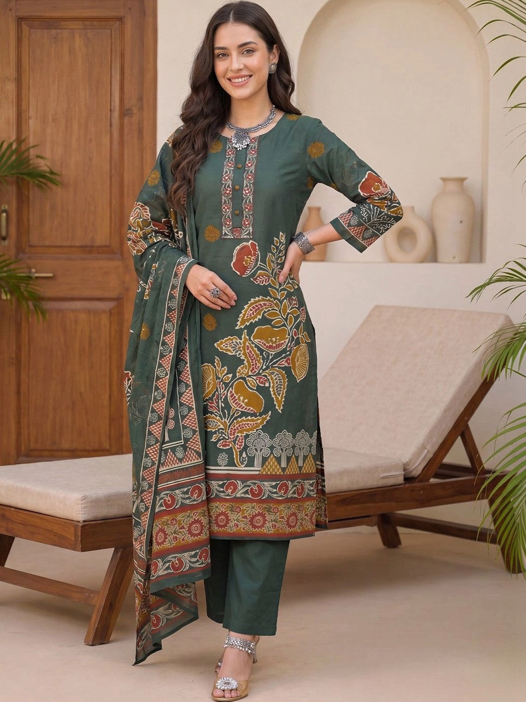 Women Ethnic Motifs Printed Regular Pure Cotton Kurta with Trousers & With Dupatta