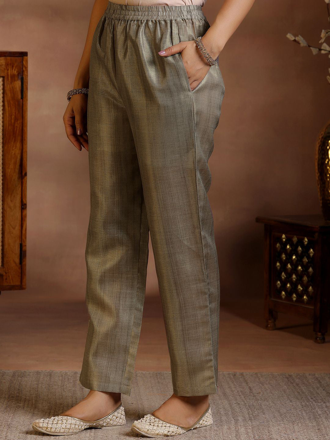 Floral Printed Sequinned Pure Silk Kurta With Trousers & Dupatta