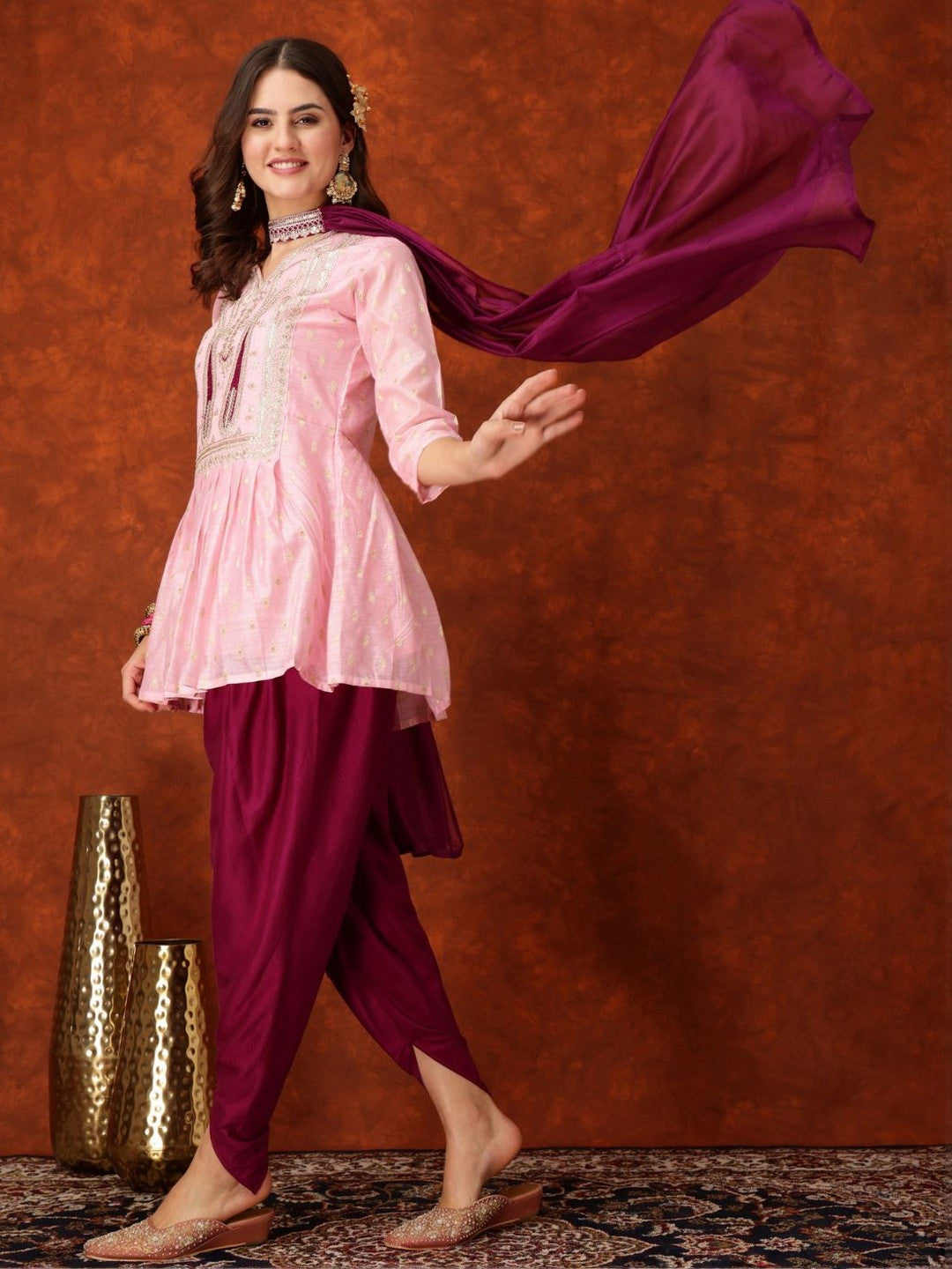 Paisley Embroidered Sequinned Chanderi Silk Kurti With Dhoti Pants & Dupatta