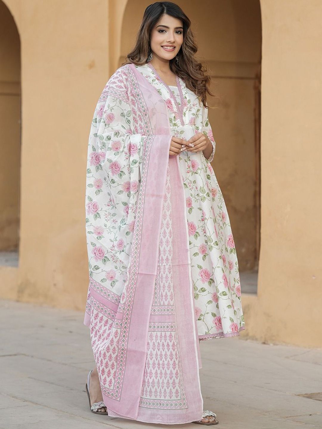 Dhiyona KL Floral Printed Pure Cotton Anarkali Kurta With Trouser And Dupatta