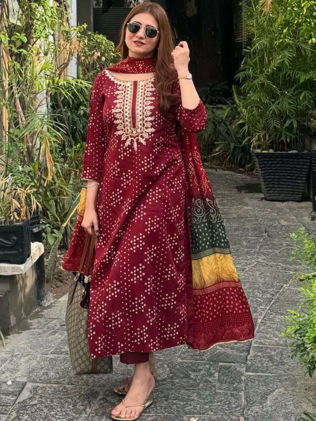 Dhiyona KL Ethnic Motifs Printed Thread Work Straight Kurta With Trousers & Dupatta