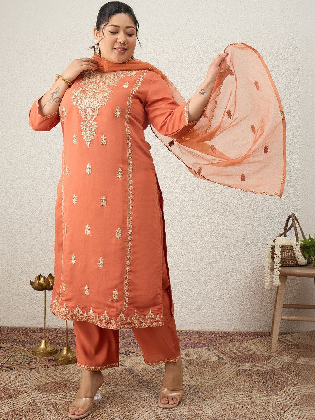 Plus Size Ethnic Motifs Embroidered Regular Kurta with Trousers & With Dupatta