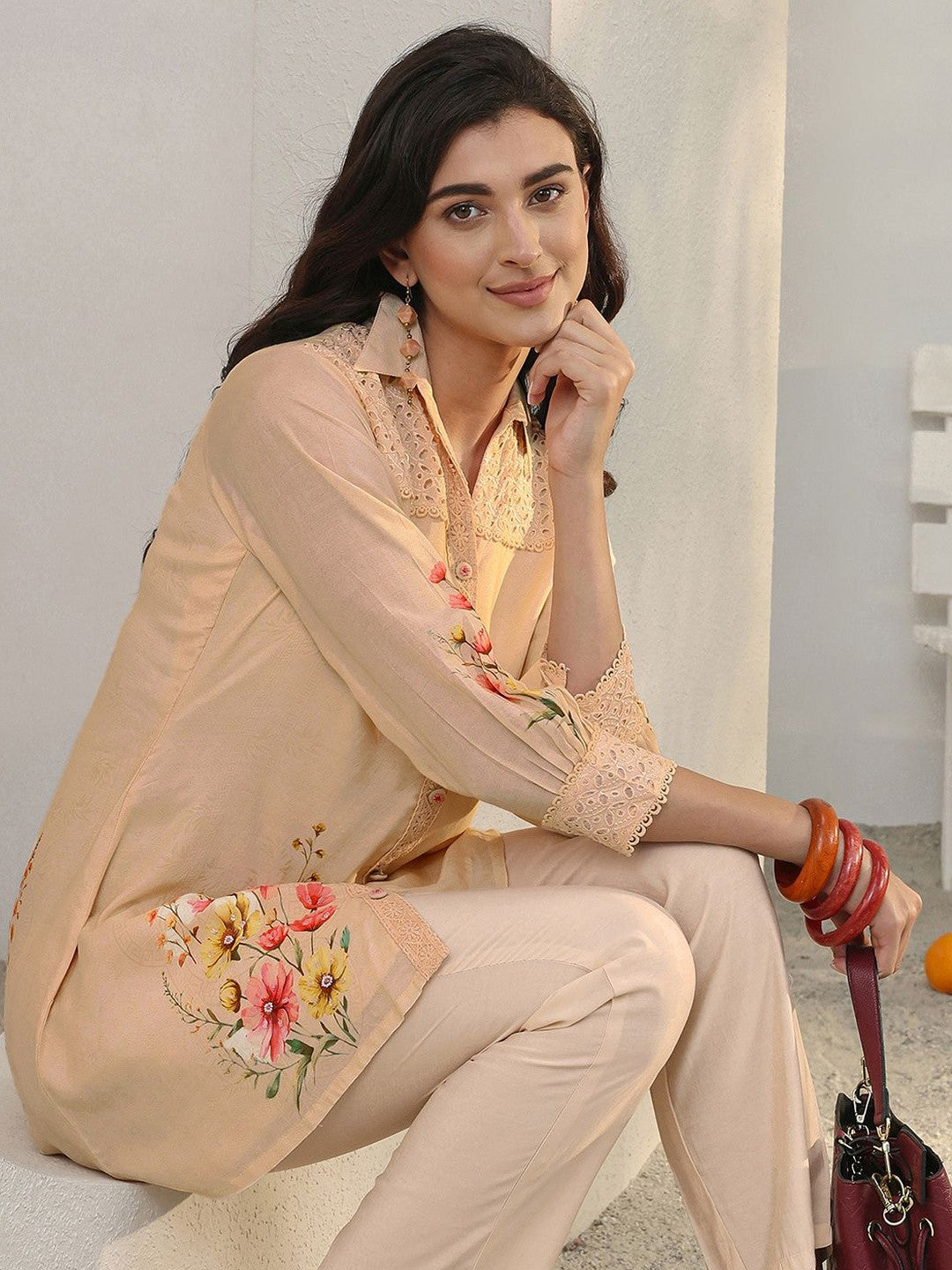 Peach Floral Printed Silk Blend Straight Kurta Set