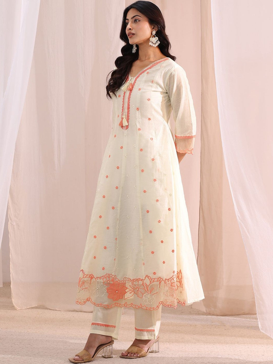 White Floral Embroidered Silk Blend A-Line Suit Set