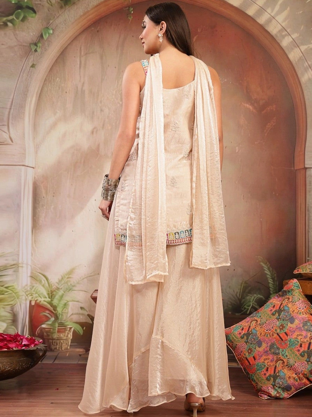 Women Ethnic Motifs Embroidered Regular Mirror Work Kurta with Sharara & With Dupatta