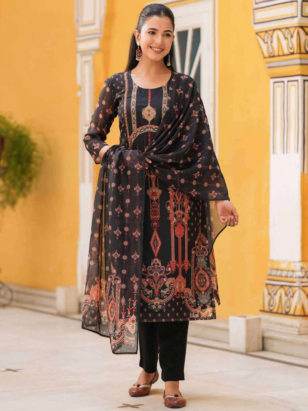 Dhiyona RR Women's Sequinned Chanderi Cotton Kurta with Trousers & Dupatta