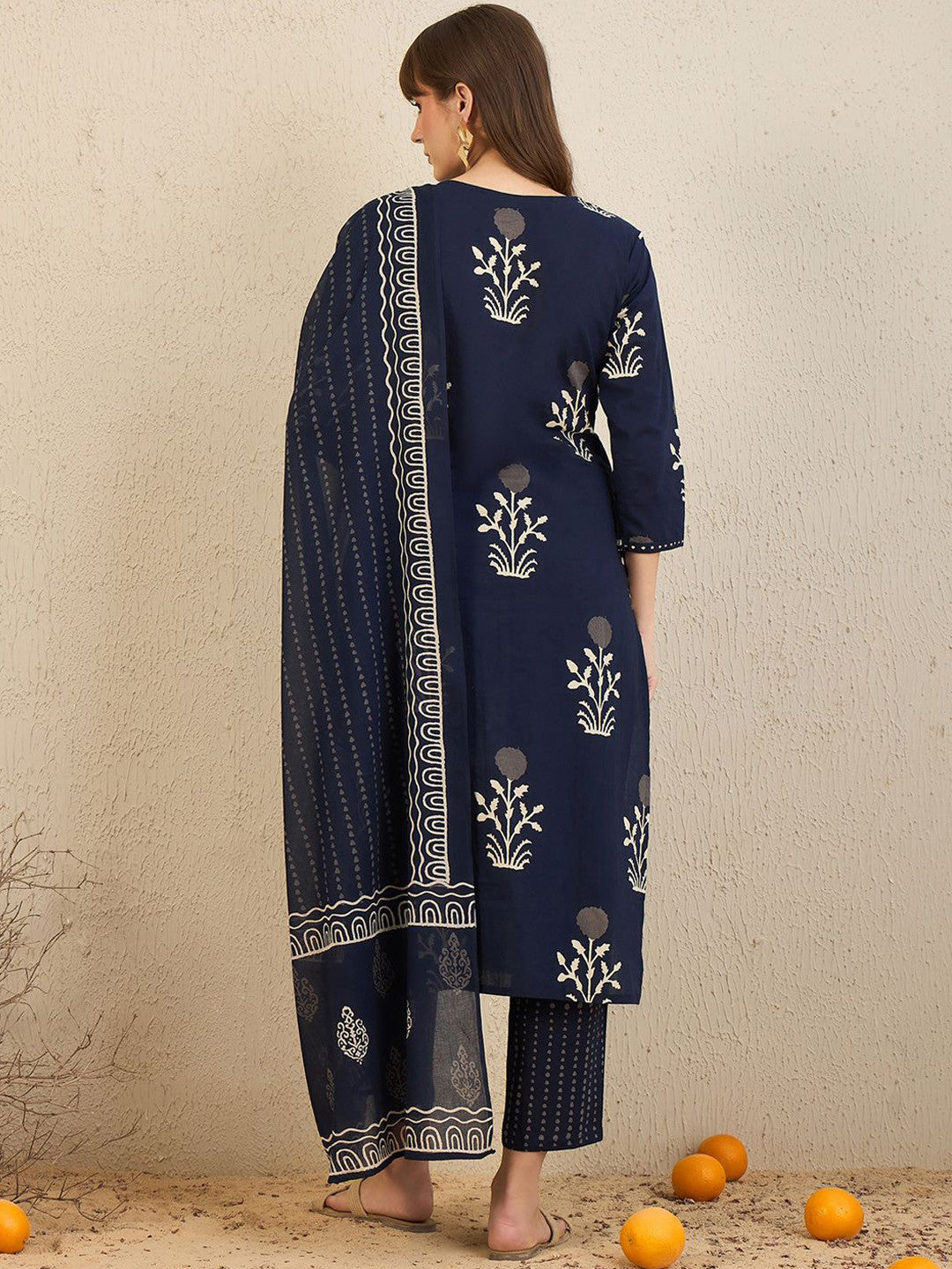 Floral Printed Pure Cotton Straight Kurta With Trousers & Dupatta