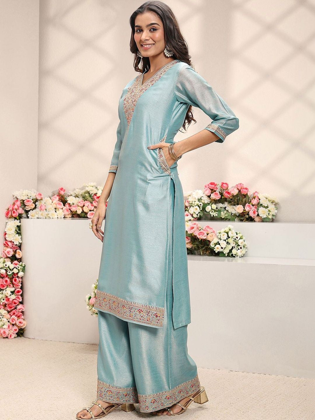 Blue Embroidered Straight Suit Set with Printed Dupatta