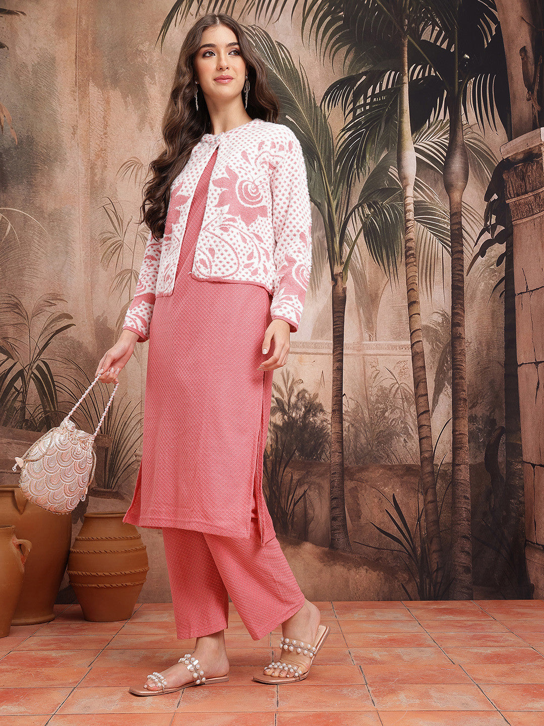 Geometric Self-Design Straight Winter Kurta with Trousers & Jacket