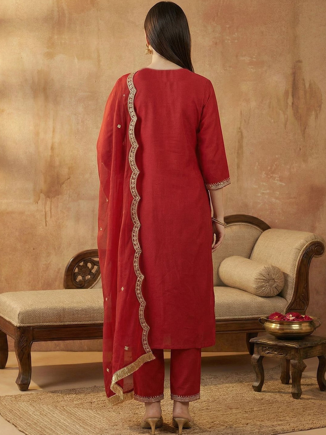 Women Ethnic Motifs Embroidered Regular Liva Kurta with Trousers & With Dupatta