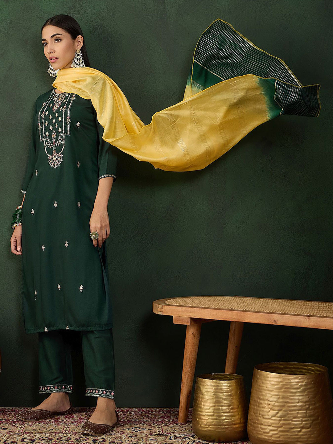 Floral Embroidered Sequinned Straight Kurta With Dupatta