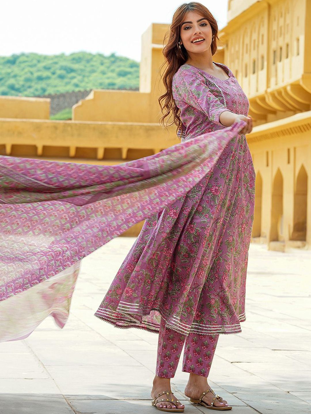 Dhiyona KL Floral Printed Gotta Patti Pure Cotton Anarkali Kurta With Trousers & Dupatta