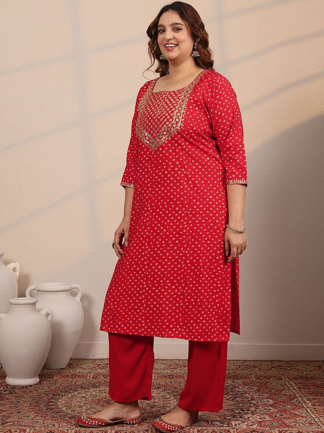 Dhiyona Women's Plus Size Bandhani Printed Regular Kurta with Trousers & Dupatta