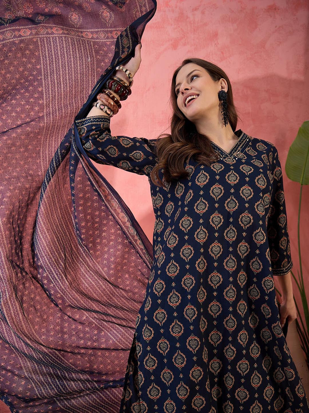 Ethnic Motifs Printed V Neck Pure Cotton Straight Kurta With Trouser & Dupatta