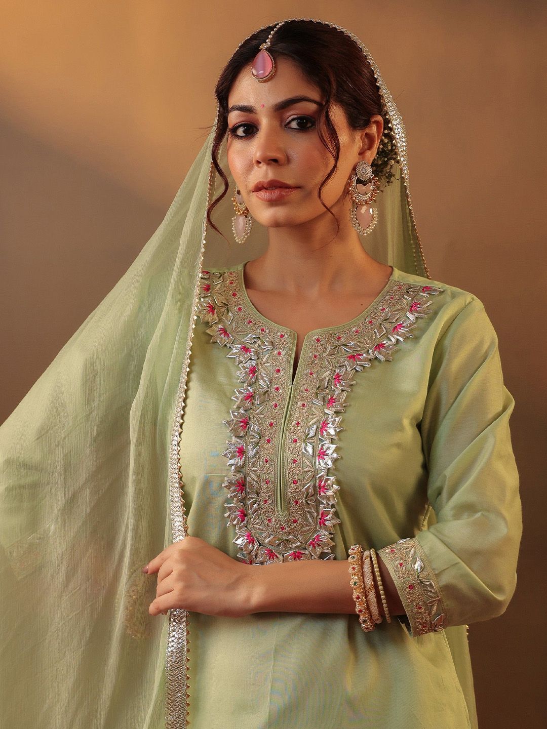 Dhiyona SC Floral Embroidered Gotta Patti Straight Kurta with Sharara & Dupatta
