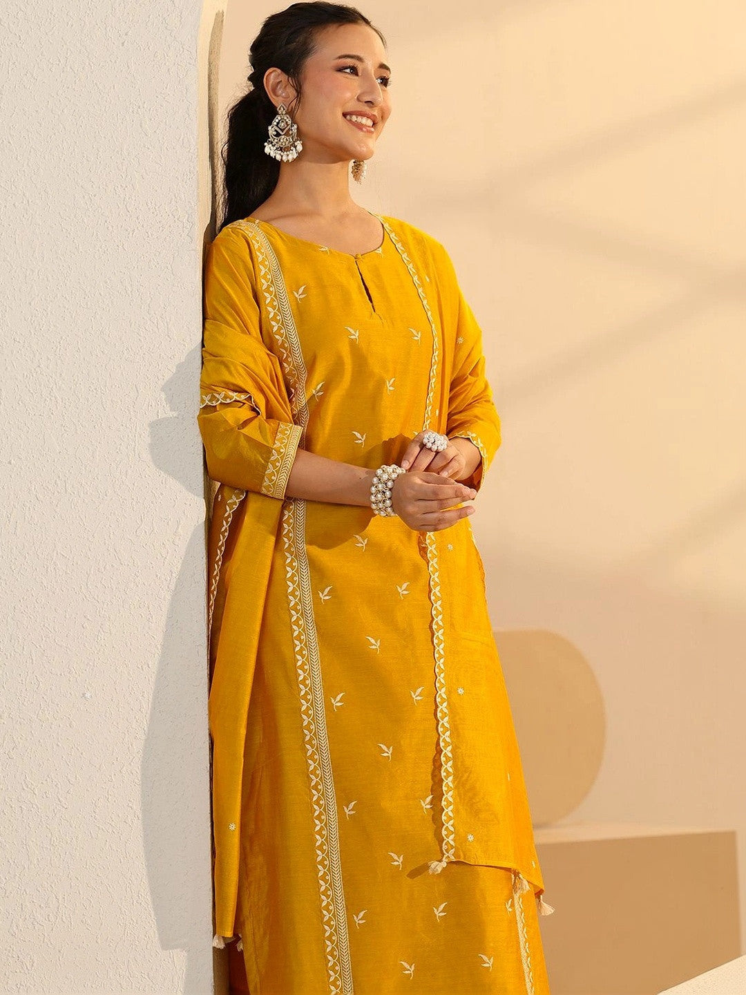 Yellow Floral Embroidered Chanderi Silk Straight Suit Set