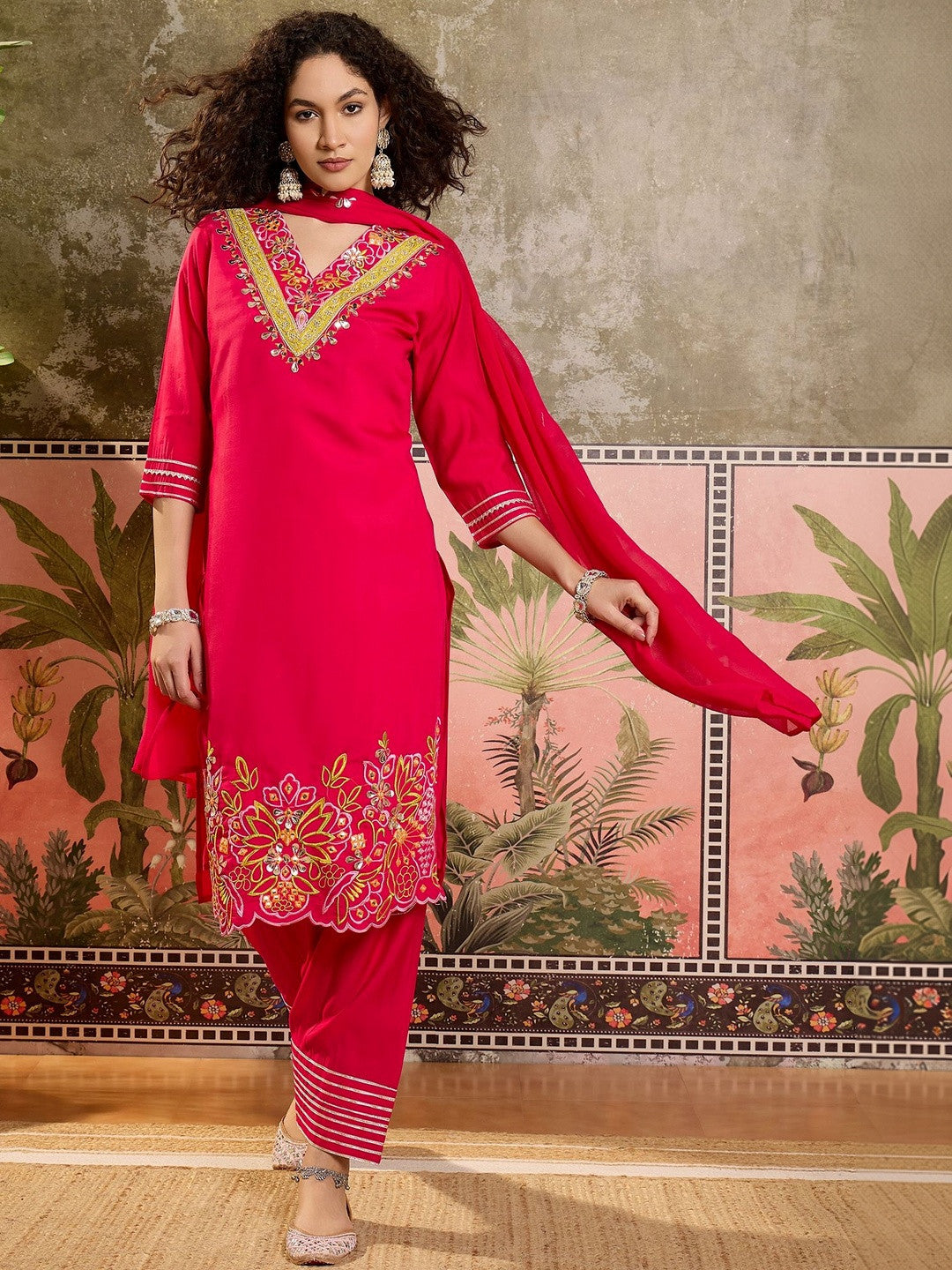 Embroidered Silk Blend V-Neck Kurta & Trousers Kurta Set
