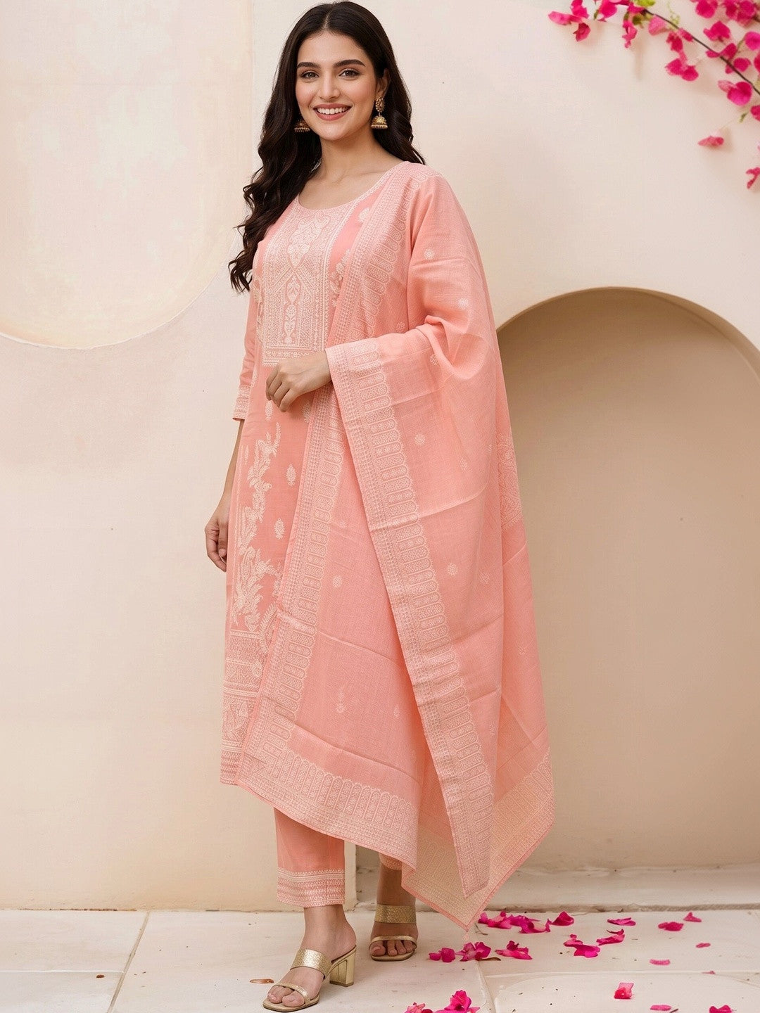 Women Ethnic Motifs Embroidered Regular Thread Work Pure Cotton Kurta with Trousers & With Dupatta