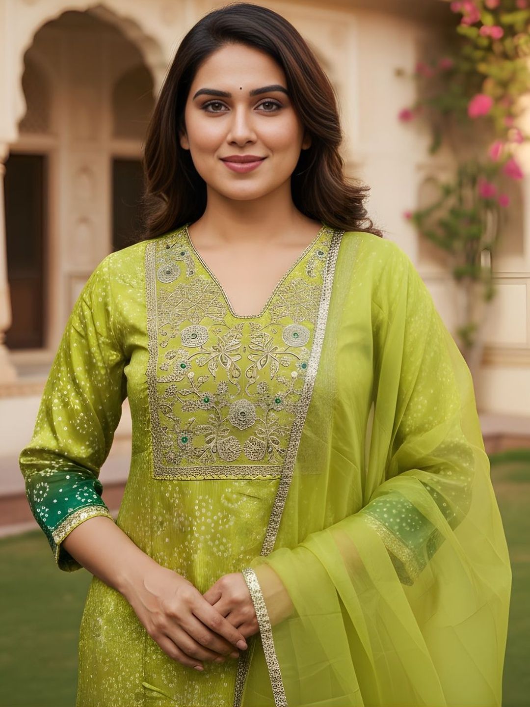 Dhiyona KL Women Ombre Dyed Regular Thread Work Kurta with Trousers & With Dupatta