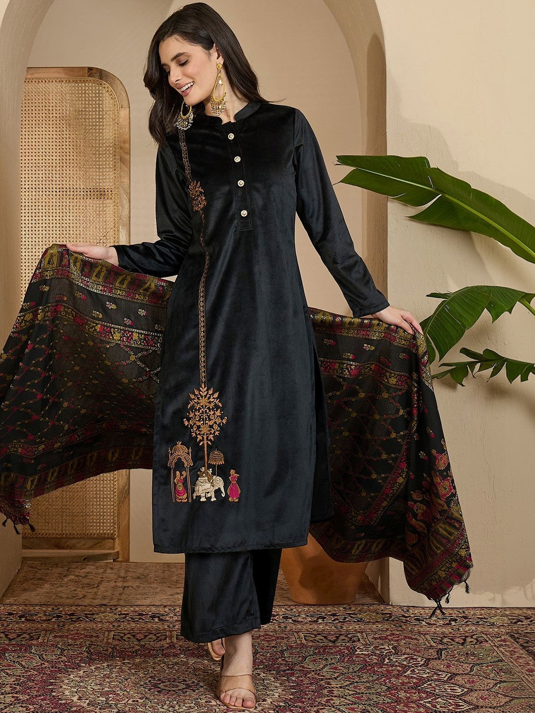 Winter Black Velvet Embroidered Shahi Mehfil Floral kurta trouser & Dupatta kurta sets