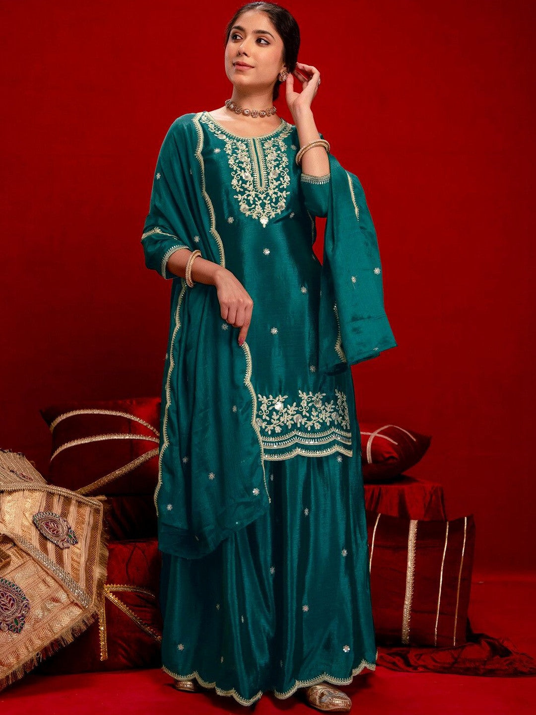 Women Ethnic Motifs Embroidered Regular Thread Work Kurta with Sharara & With Dupatta