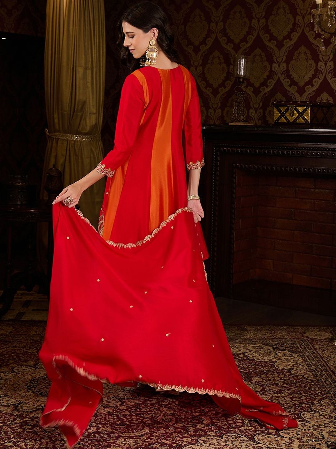 Dhiyona CH Women Ethnic Motifs Embroidered Panelled Thread Work Kurta with Palazzos & With Dupatta