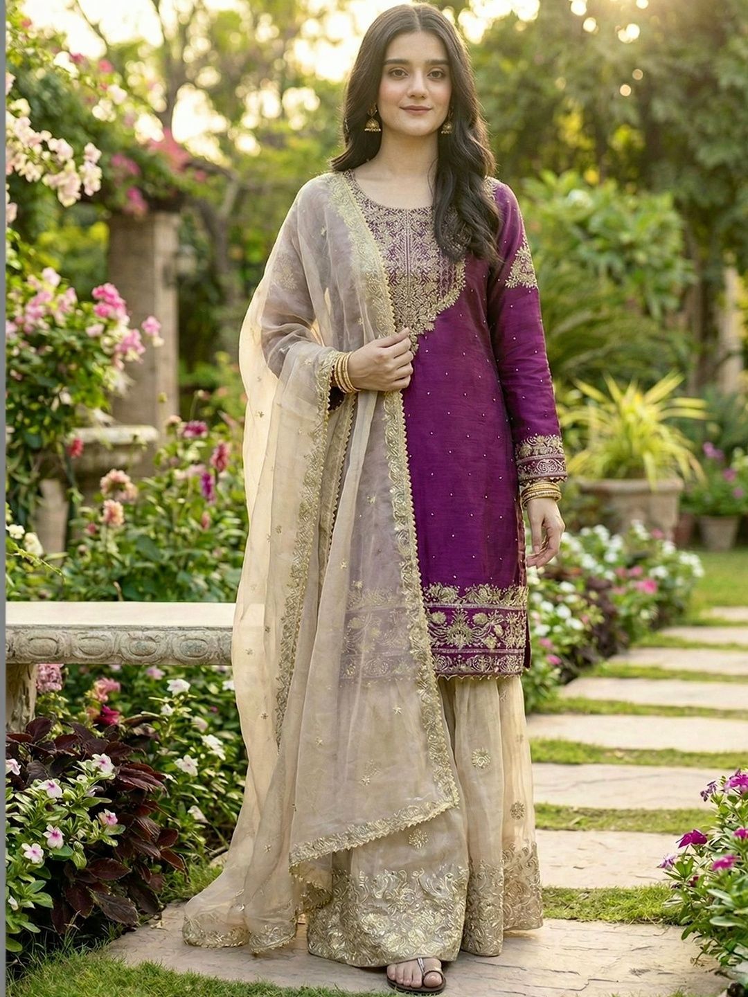 Dhiyona KL Women Ethnic Motifs Embroidered Regular Thread Work Kurta with Sharara & With Dupatta