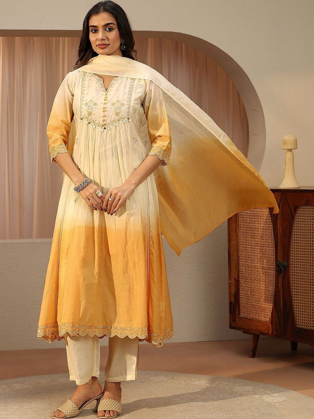 White Floral Embroidered Silk Blend A-line Suit Set