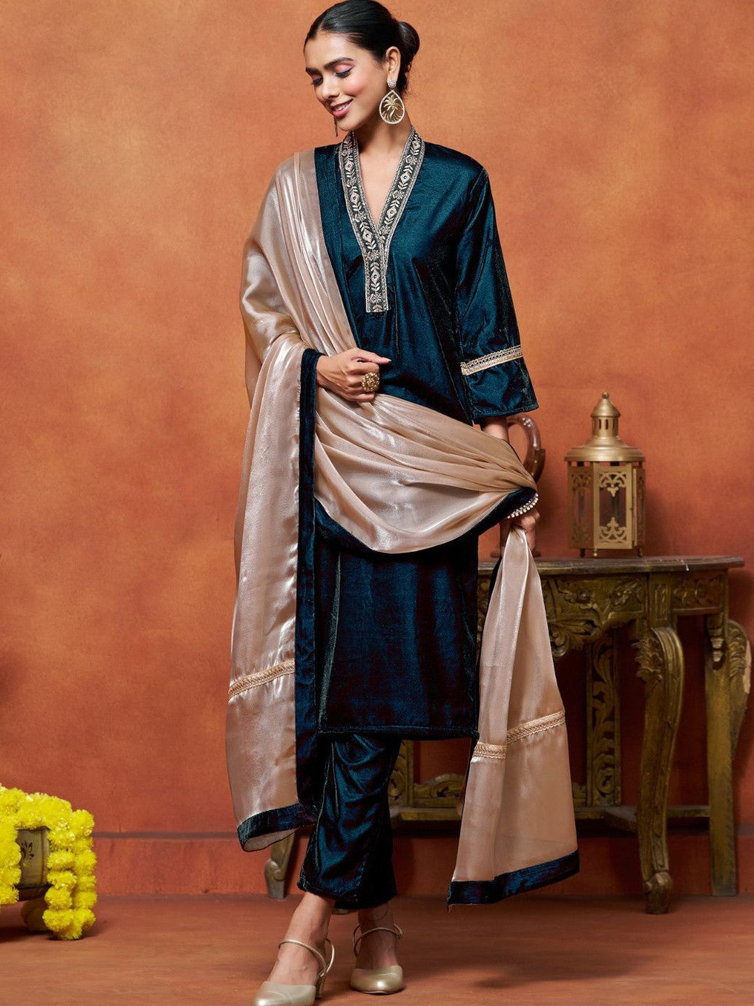 Women Velvet Embroidered Straight Kurta Pant With Dupatta Set