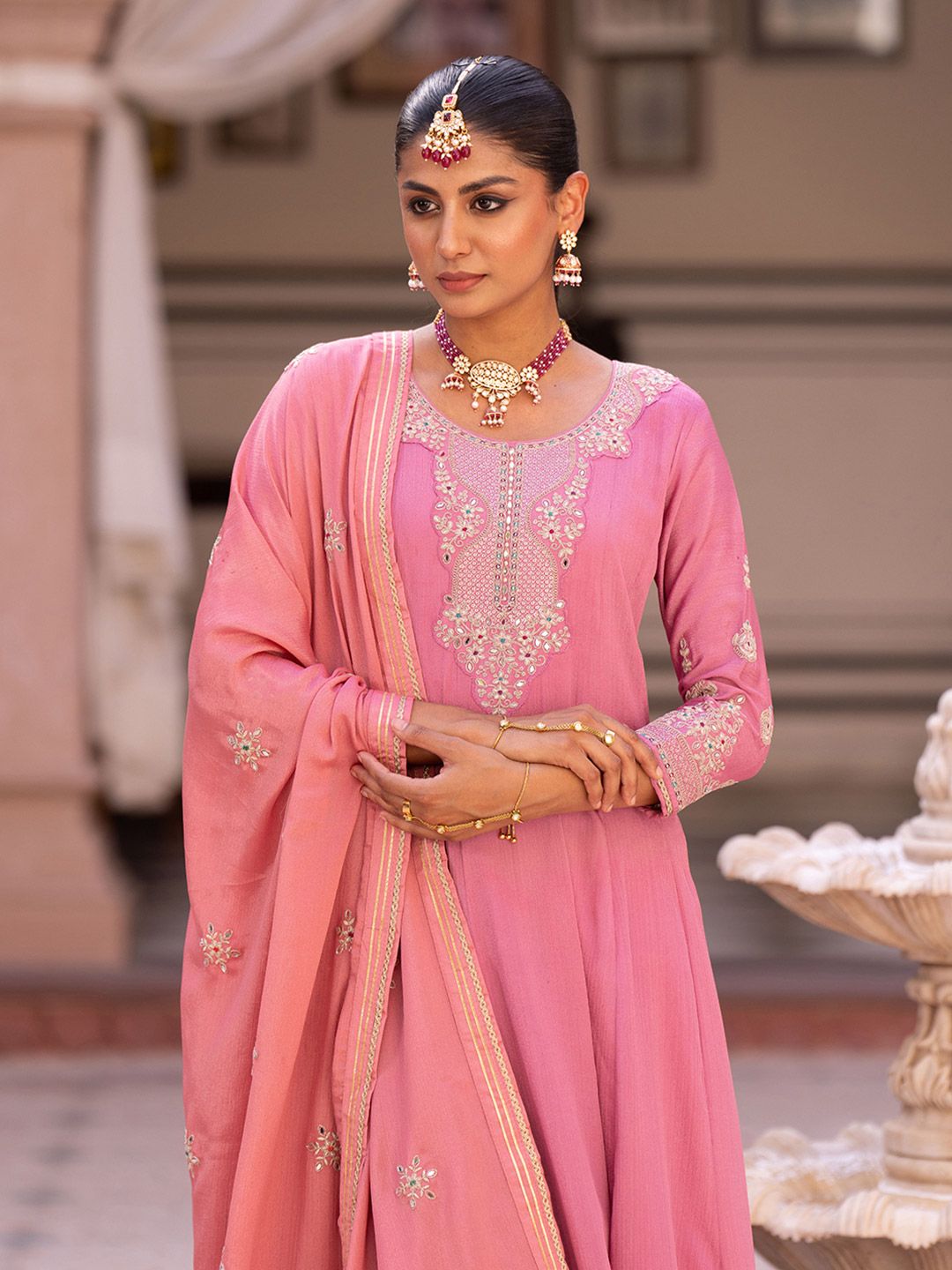 Dhiyona CH Women Ethnic Motifs Self Design Pleated Mirror Work Kurta with Trousers & Dupatta