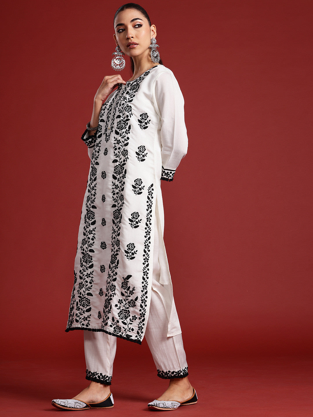 Floral Embroidered Thread Work Kurta With Trousers & Dupatta