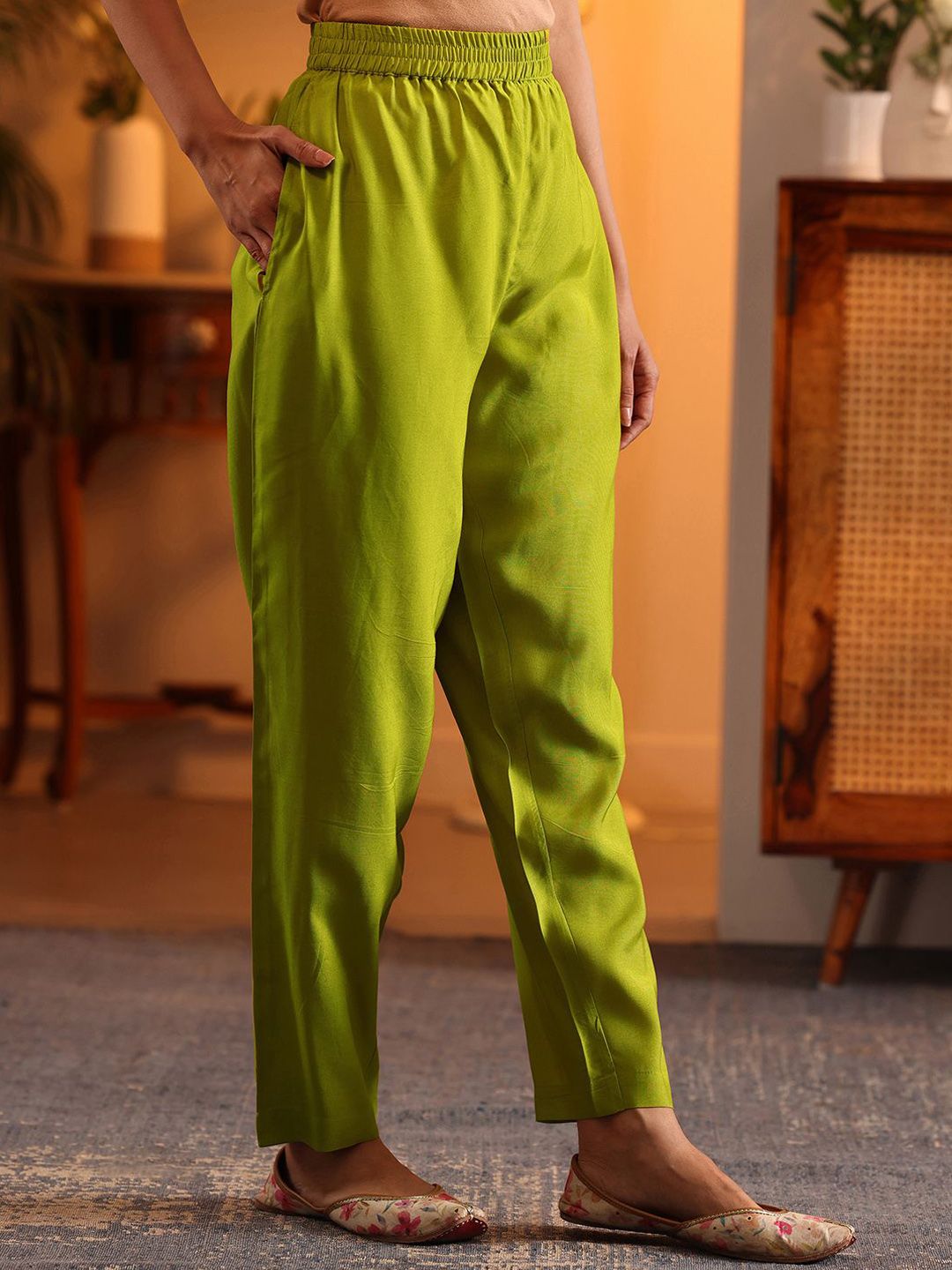 Dhiyona LL Womens Lime green Embroidered Anarkali Kurta With Trousers & Dupatta