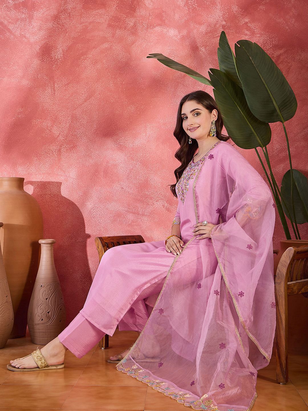 Dhiyona SN Women's Floral Embroidered Round Neck Straight Kurta With Trousers & Dupatta