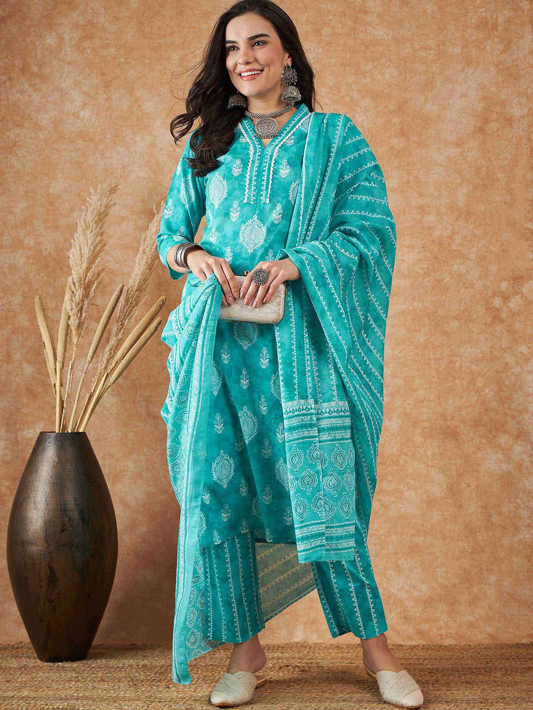 Ethnic Motifs Printed Pure Cotton Kurta With Trousers & Dupatta