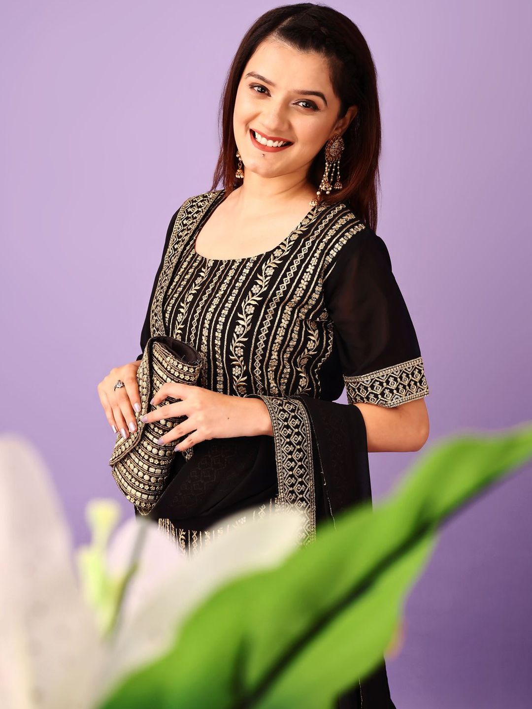 Dhiyona KL Floral Embroidered Kurta With Sharara & Dupatta