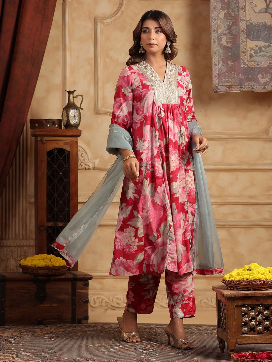 Dhiyona RR Women's Floral Printed Sequinned Pure Cotton Anarkali Kurta with Trousers & Dupatta