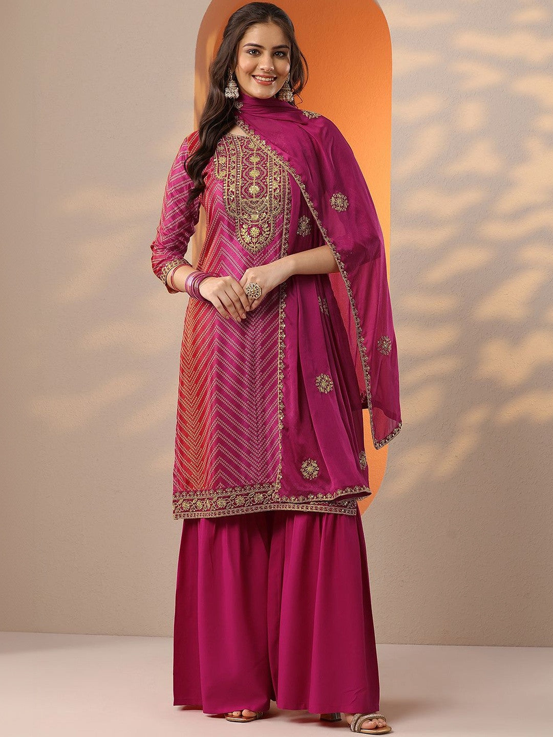 Women Regular Thread Work Kurta with Palazzos & With Dupatta