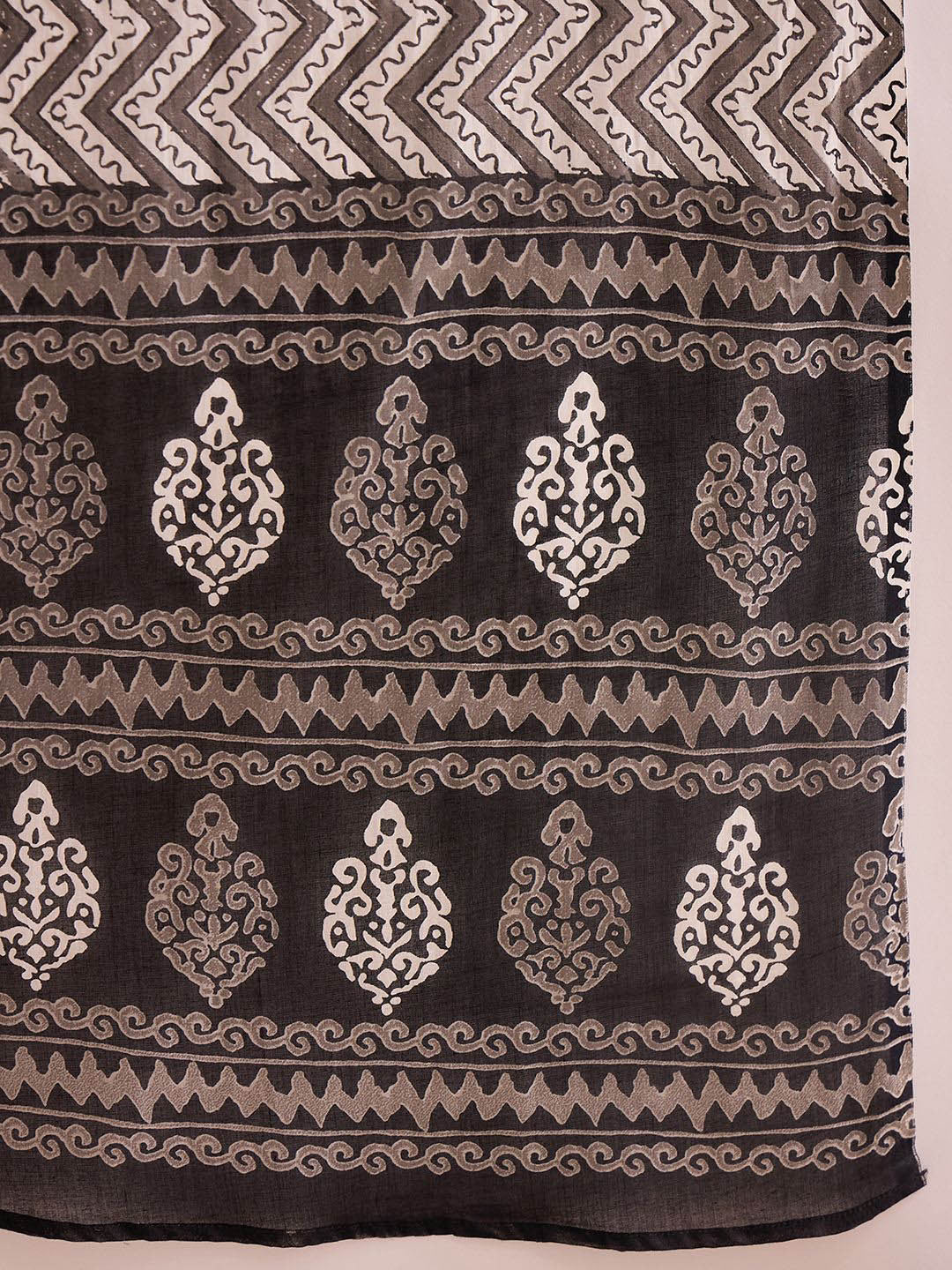 Black Geometric Printed V-Neck Pure Cotton Straight Kurta with Salwar & Dupatta