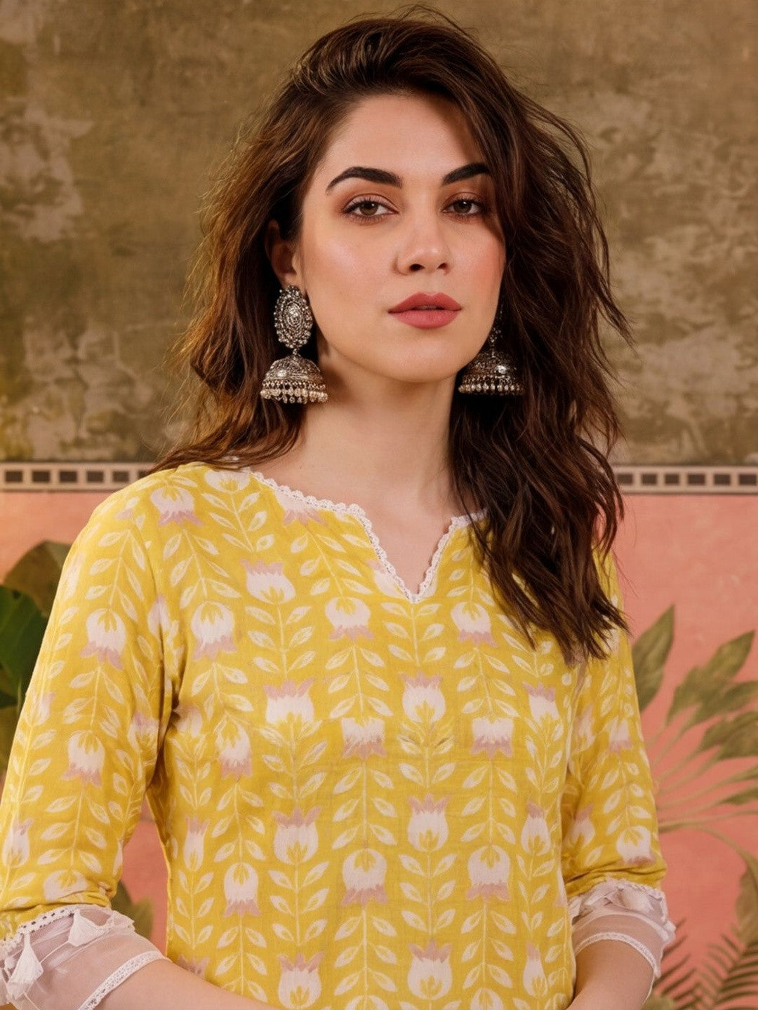Printed Cotton Blend Round Neck Kurta & Trousers