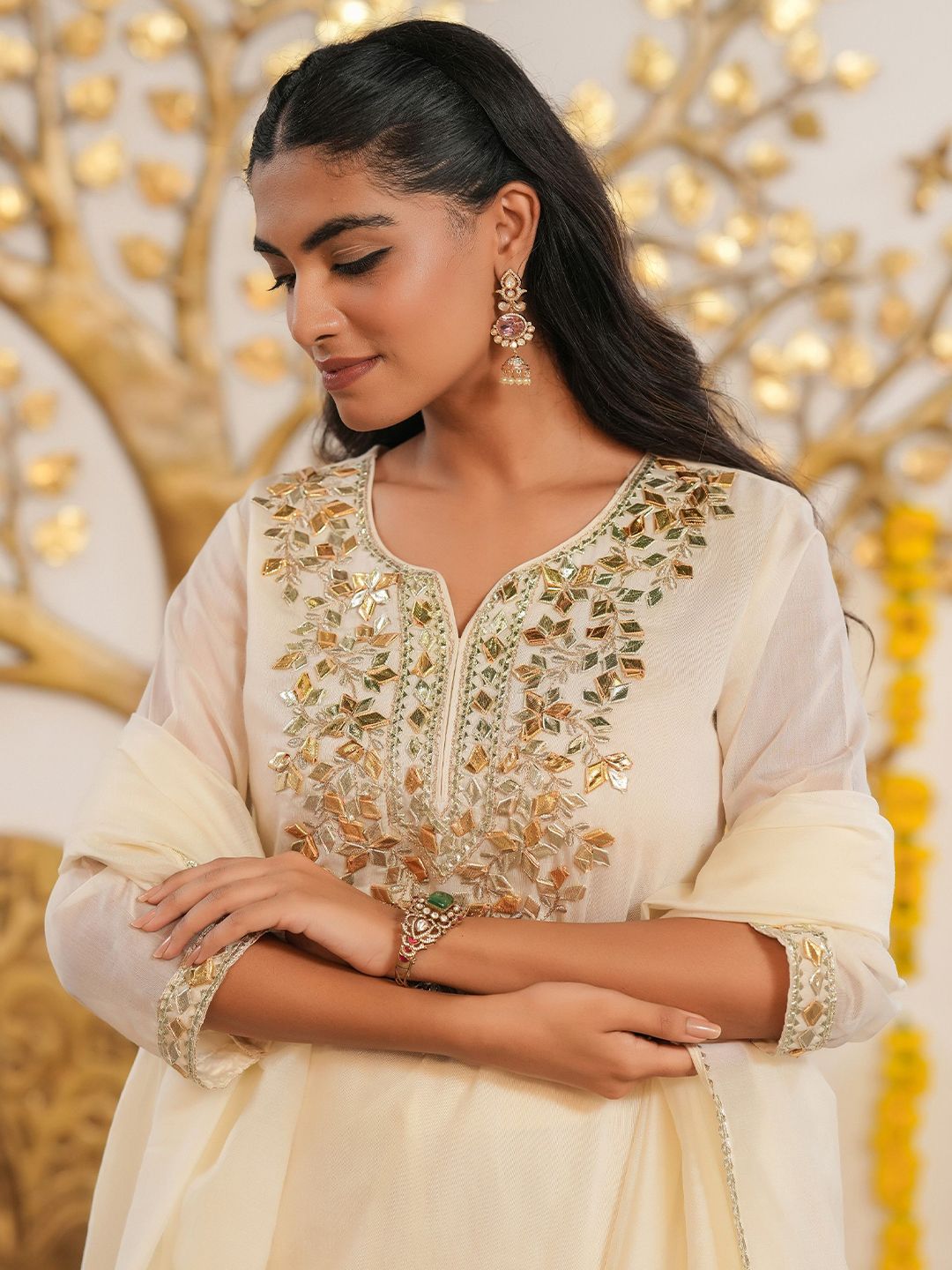 Dhiyona SC Floral Embroidered Mul Chanderi Gota Patti Kurti With Sharara & Dupatta