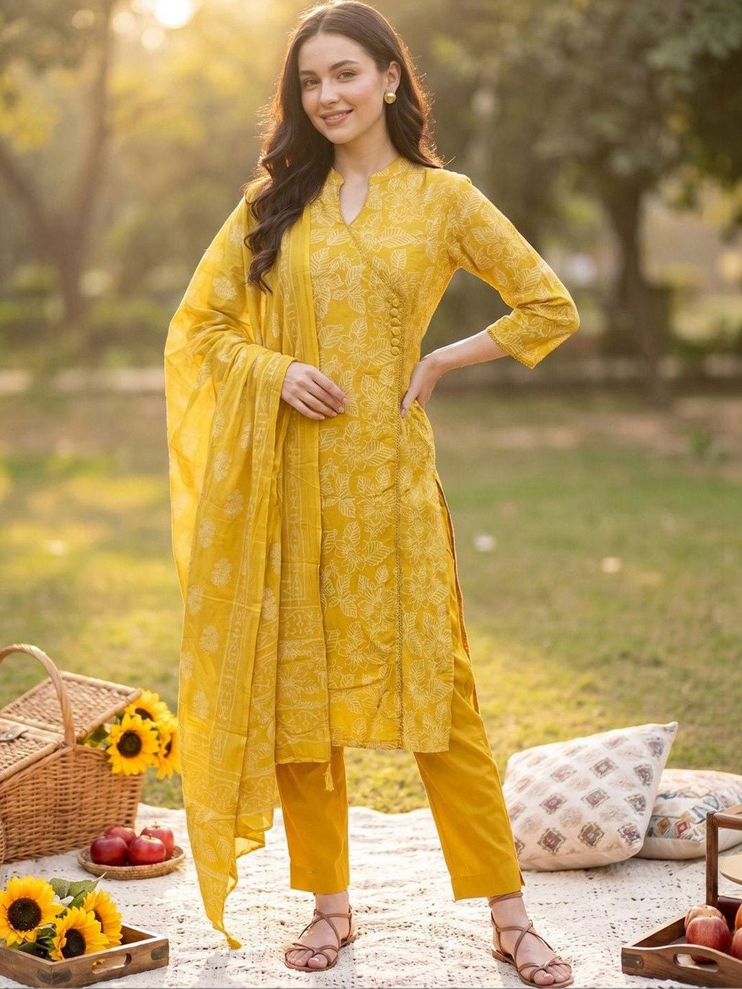 Women Floral Printed Angrakha Pure Cotton Kurta with Trousers & With Dupatta