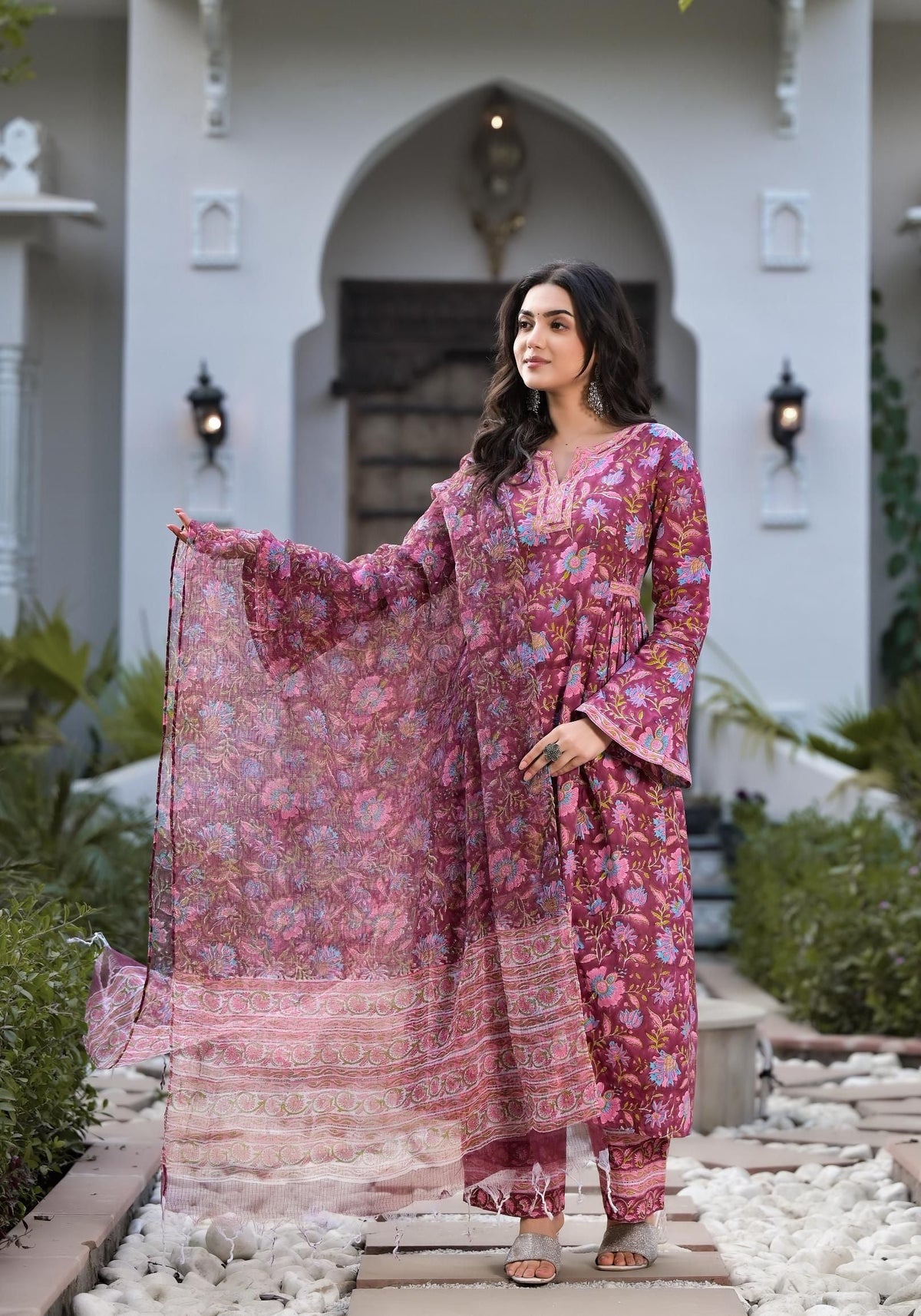 Dhiyona KL Floral Printed Notch Neck Pure Cotton A-Line Kurta With Palazzo And Dupatta